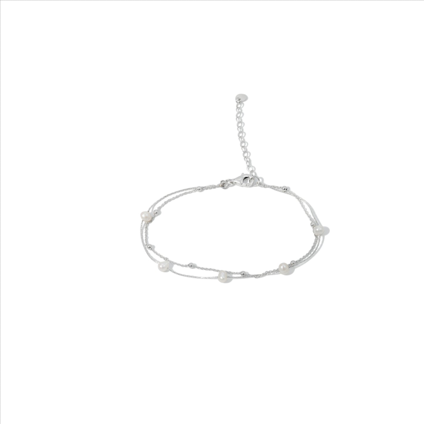 BRACELET DOUBLE CHAIN STATION PEARL WITH RHODIUM PLATED