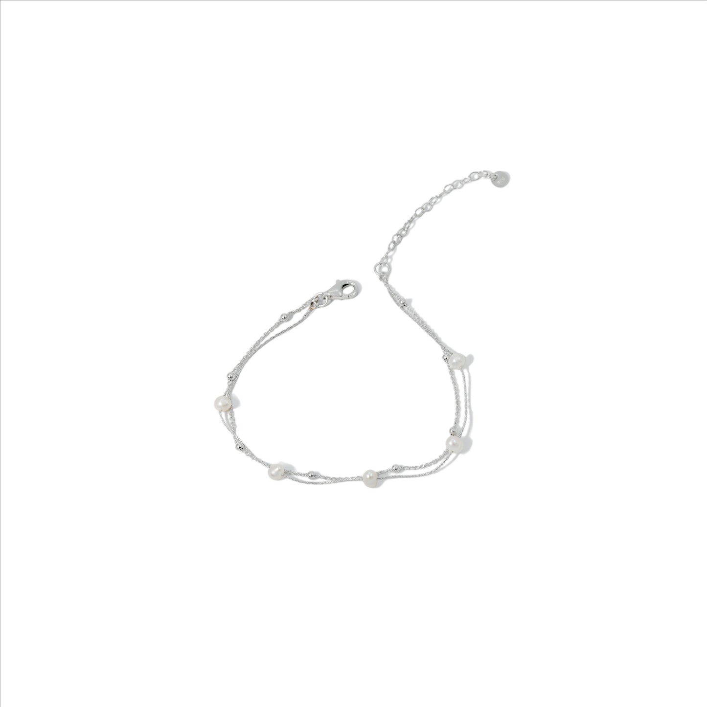 BRACELET DOUBLE CHAIN STATION PEARL WITH RHODIUM PLATED
