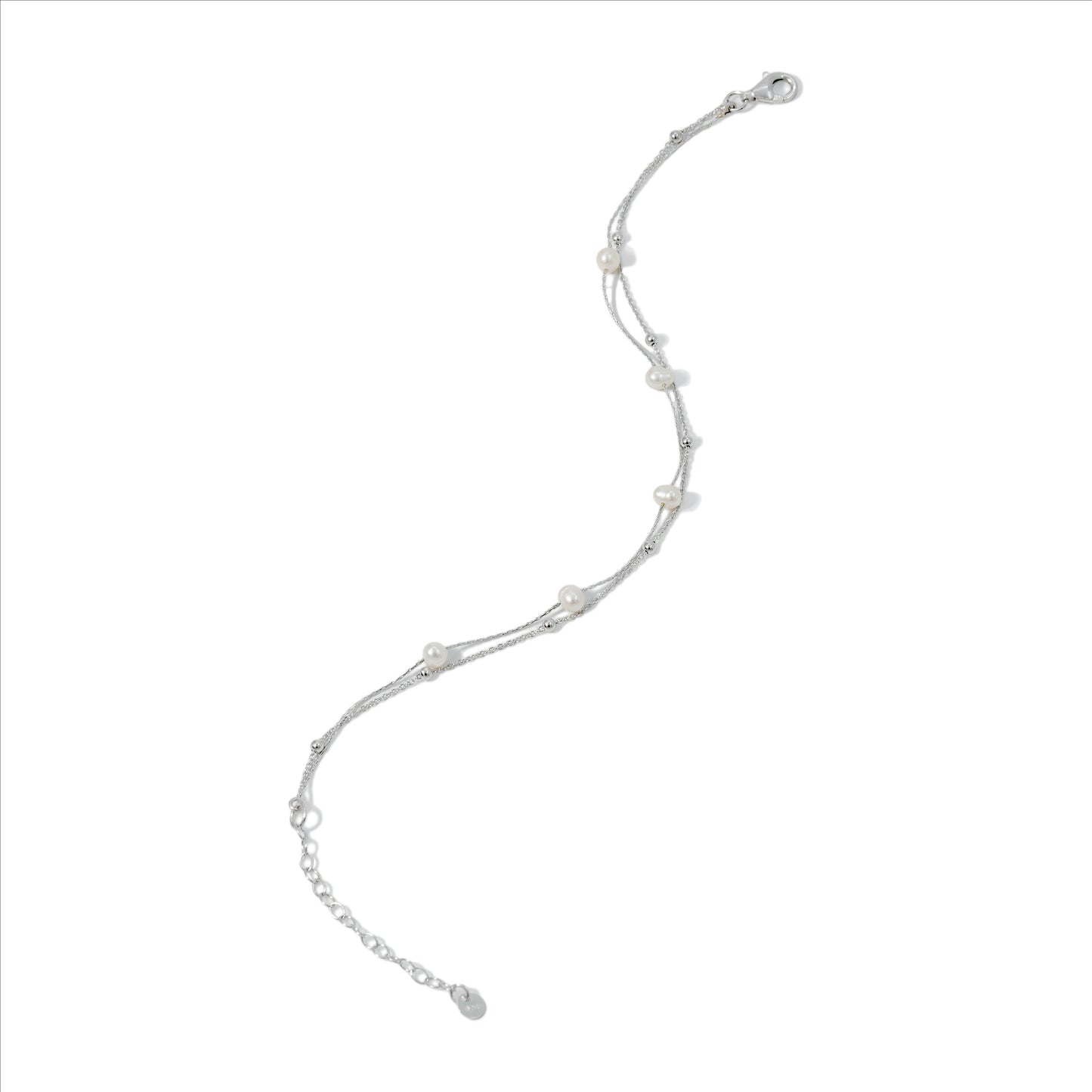 BRACELET DOUBLE CHAIN STATION PEARL WITH RHODIUM PLATED