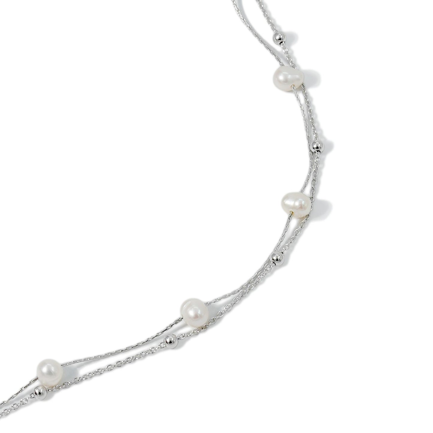 BRACELET DOUBLE CHAIN STATION PEARL WITH RHODIUM PLATED