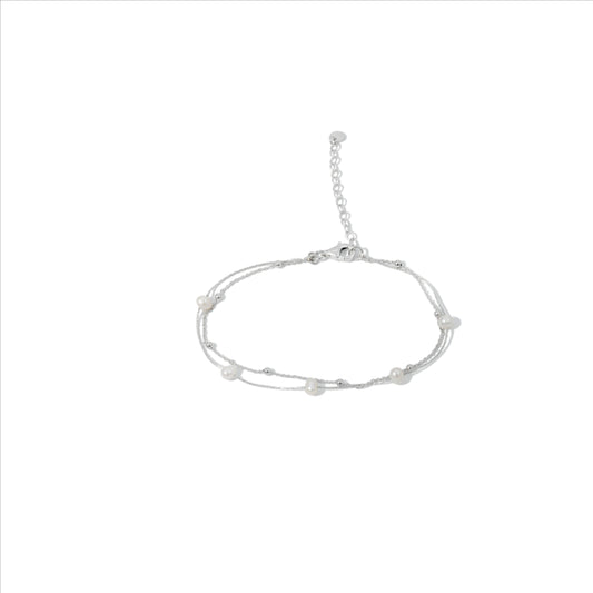 BRACELET DOUBLE CHAIN STATION PEARL WITH RHODIUM PLATED