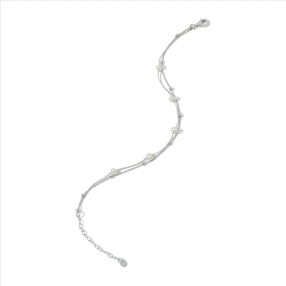 BRACELET DOUBLE CHAIN STATION PEARL WITH RHODIUM PLATED