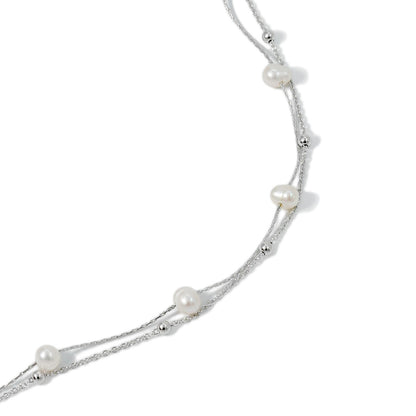 BRACELET DOUBLE CHAIN STATION PEARL WITH RHODIUM PLATED